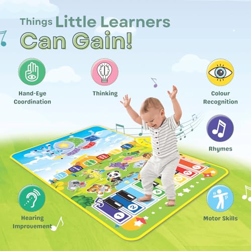 Image of 3-in-1 Piano Mat for Kids, Musical Piano Mat - Drum, Piano & Instrument Sounds with 2 Sticks, Animal Prints, Educational Toy for Toddlers 12M+ Ideal for 1-3 Years - Green