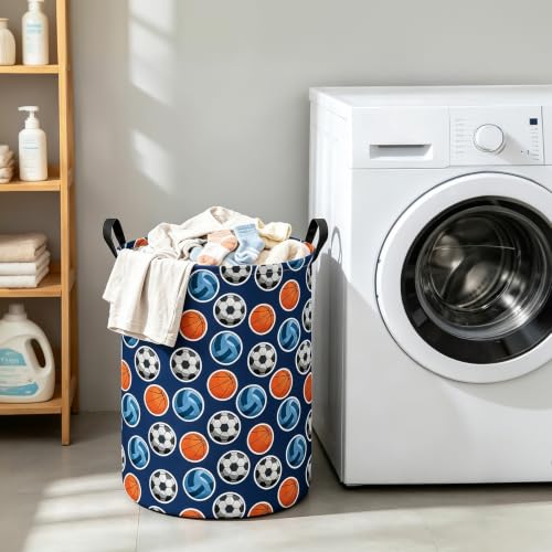 Image of Round Laundry Basket Collapsible Storage Hamper Organizer Ball Sports | Waterproof Canvas Foldable Baskets with sturdy Handles Multi-scene Organizer for Home Play Bedroom Gift Bin