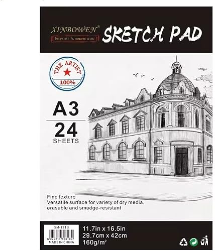 Sketch Pad, A3 Size, 24 Sheets, 160g/m², Fine Texture, Smudge-Resistant, for Dry Media
