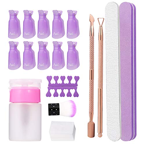 Auxsoul Nail Polish Gel Remover Tools Kit with 10 Pcs Nail Clips, Cotton Pads, Nail Brushes, Cuticle Pusher and Cutter Set, Finger Seperator, Nail Polish Remover Bottle, 2 Nail File, Buffer Block