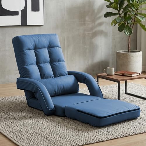 Image of Floor Chair for Adults with Back Support, 14-Position Adjustable Floor Sofa with Pillow & Armrests, Faux Leather Floor Lounger Chair for Gaming, Reading & Living Room (Blue)