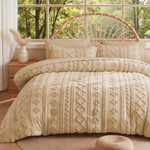 Image of MR&HM 7 Pieces Boho Comforter Set King, Khaki Tufted Boho Bedding Set, Farmhouse Shabby Chic Bed in a Bag with 1 Comforter, 2 Pillow Shams, 2 Pillowcases, 1 Flat Sheet, 1 Fitted Sheet for All Seasons