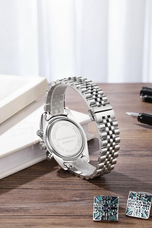 Image of GIORDANO Chronograph Analog Watch for Men - Textured Bezel, Luminous Index Markers, Stainless Steel Strap & Date Display