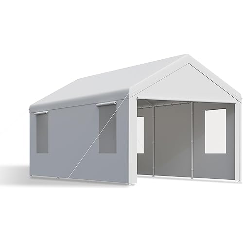 Carport, 10x20 ft White Heavy Duty Carport with Roll-up Windows, Portable Garage with Removable Sidewalls & Doors, Car Canopy and All-Season Tarp for Car Boat Truck Motorcycle
