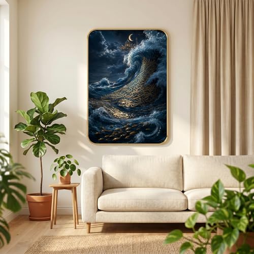 Image of SAF Islamic Ocean Wave Arabic Calligraphy Wall Painting with Premium PVC Golden Frame, Crescent Moon Mosque Art, Muslim Home Decor for Prayer Room Living Room (13x19 Inch) MG-36042