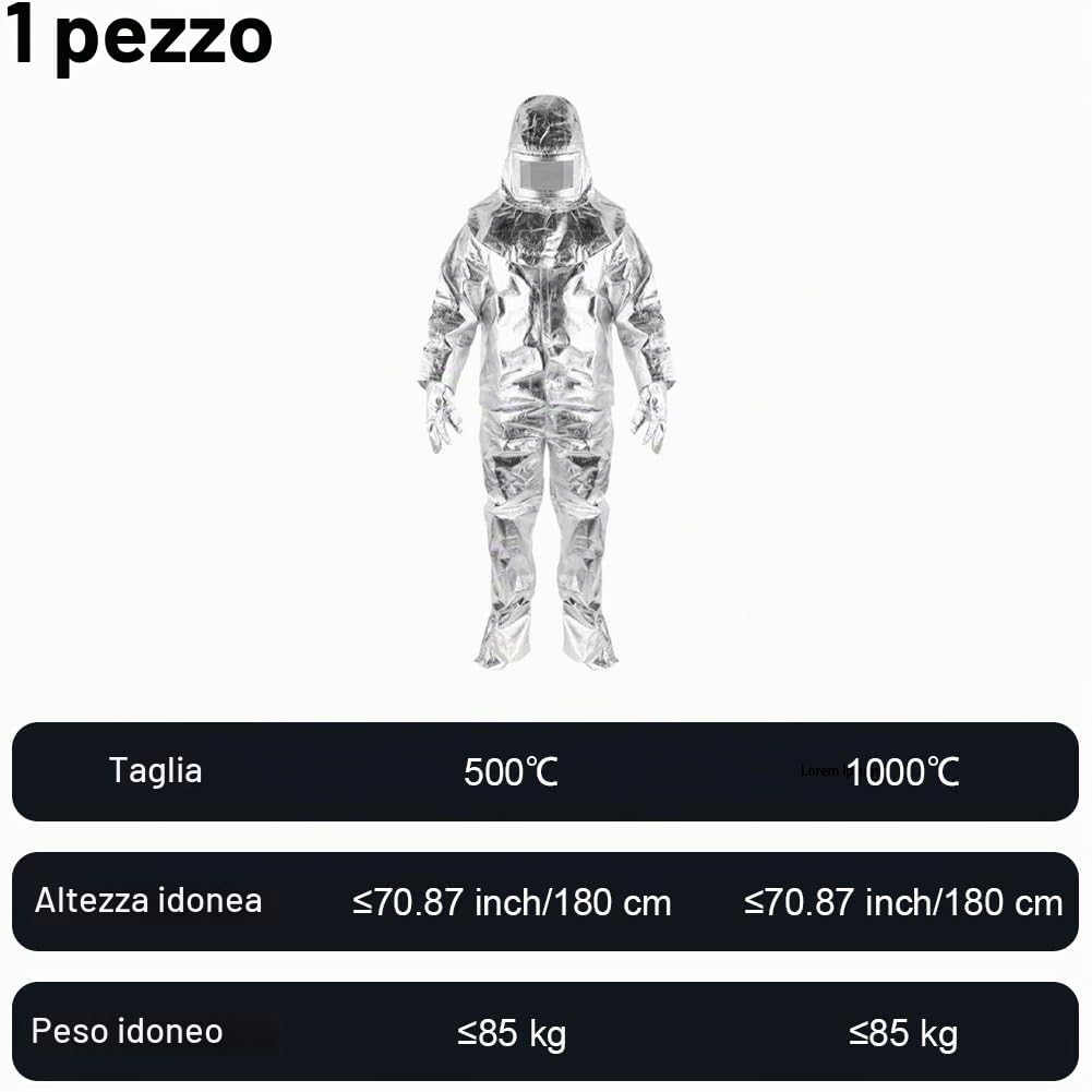 Tuta Antiradiazioni Hazmat, Resistente Calore E Ignifuga per Vigili del Fuoco, con Classificazione 500 Gradi, Set Completo Alluminizzato con Cappuccio, Guanti E Stivali.