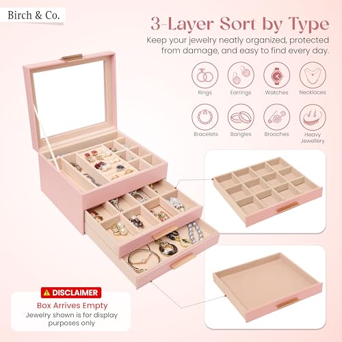 Image of Birch & Co. Jewellery Box - 3 Layer Jewellery organizer storage box, Portable Travel-Friendly Storage. Elegant Super Premium Storage Case for Rings, Earrings, Necklaces & Bracelets, Blush