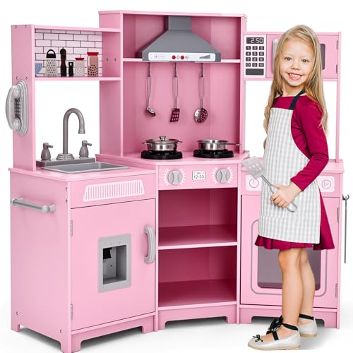 JOYLDIAS Cuisine de Jeu en Bois pour Enfants - Coin en Bois - Jouet avec Son et lumière - Micro-Ondes - Distributeur d'eau - Téléphone, lavabo, Cuisine de...