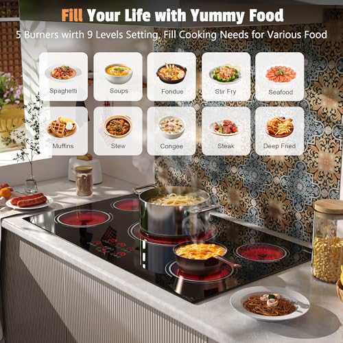 Image of 34.25 Inch Electric Cooktop(Cut-out Size: 34.25 inchx19.3 inch) - 9400W Powerful 5 Burner 36 Inch Electric Stove, 220V Built-in Ceramic Stove with Timer, Safety Lock, Pause, 220V Hard Wired