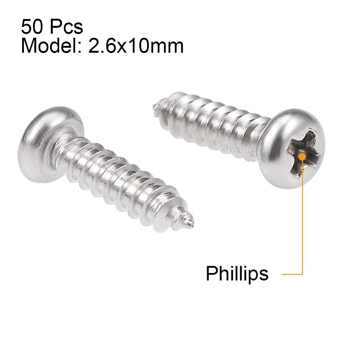 TA-VIGOR 50Pcs Self Tapping Screws, M2.6 Phillips Pan Head Screw, 10mm Round Head Tapping Screws - Image 3