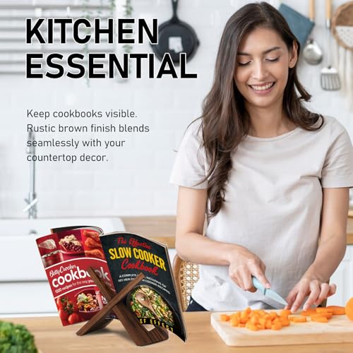 クックブックスタンド素朴なブラウン、天然木目の表面、取り外し可能なコンパクト収納、キッチンカウンターでの使用に最適な装飾テーブルトップイーゼル。料理本、お皿、写真を収納できます。 [3]