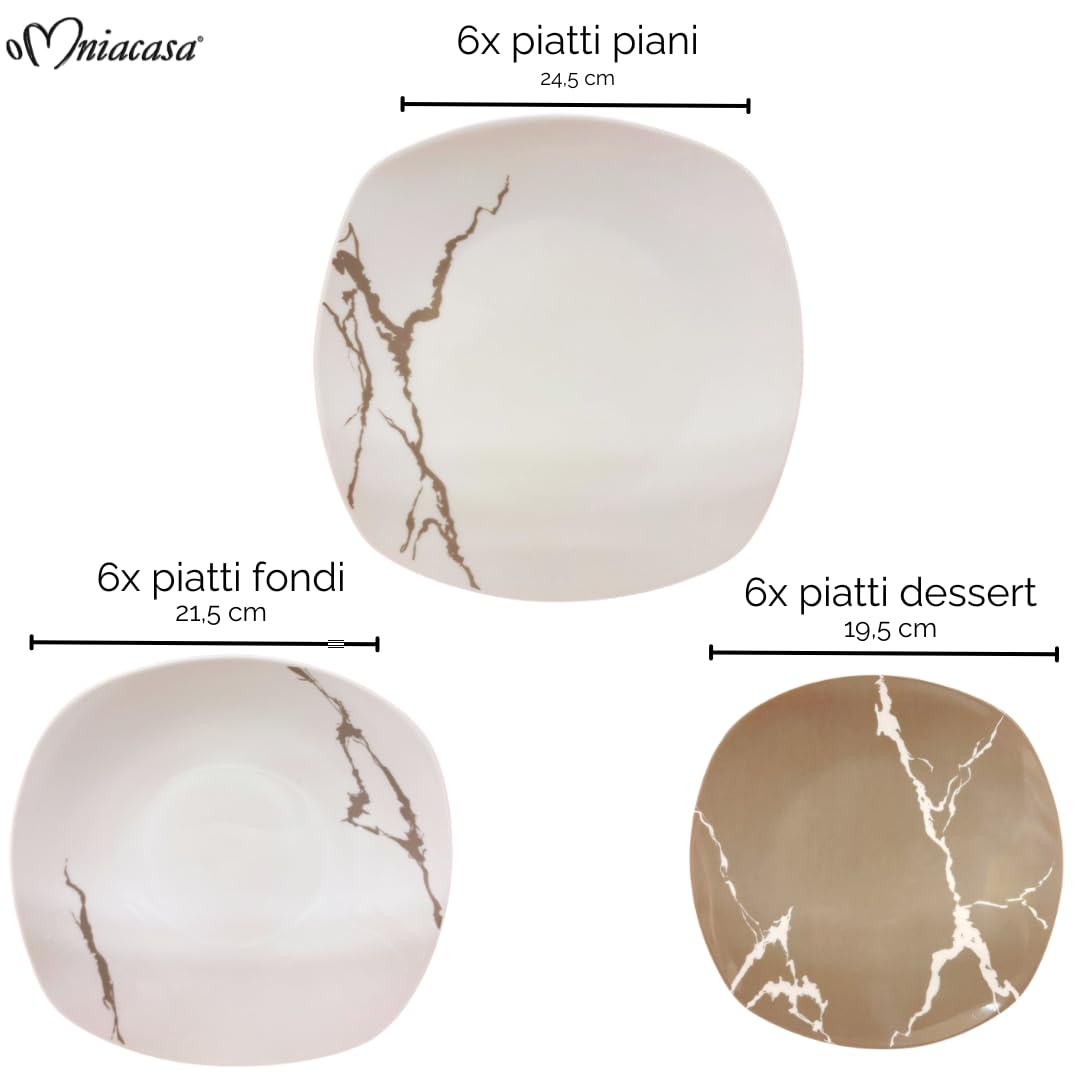 Servicio de platos de 25 piezas para 6 personas con vasos y ensaladera | Resistente porcelana blanca y gris claro diseño moderno mármol elegante refinado | Uso diario, lavable en lavavajillas