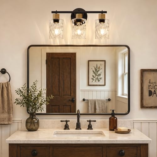 Image of MOKATNG Bathroom Light Fixtures, 3-Light Coastal Vanity Lights with Crystal Glass Shade, Black Bathroom Wall Lamp for Mirror Kitchen Hallway Cabinet