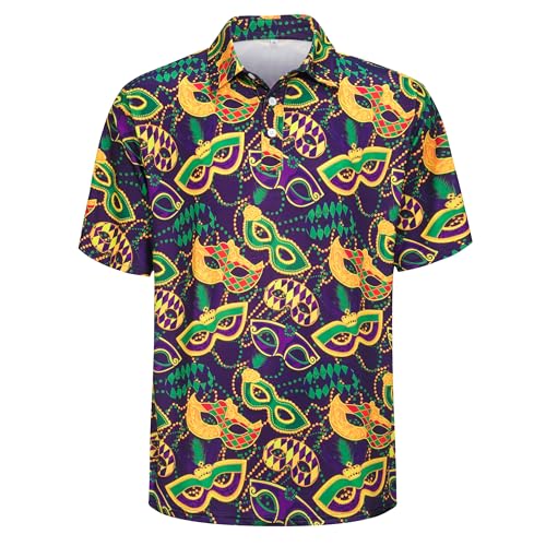 Kosgraiy Mardi Gras Polo Shirt for Men Funny Mardi Gras Hawaiian Shirts Mens Novelty Short Sleeve Golf Polo Shirt Carnival Golf Shirts for Men Purple XXL