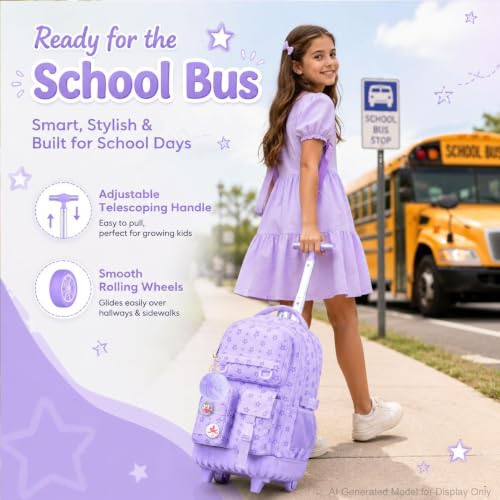 Image of CCJPX 3Pcs Rolling Backpack for Girls, Roller Wheeled School Bookbag, Star Wheels Backpacks with Lunch Box for Kids (Purple)