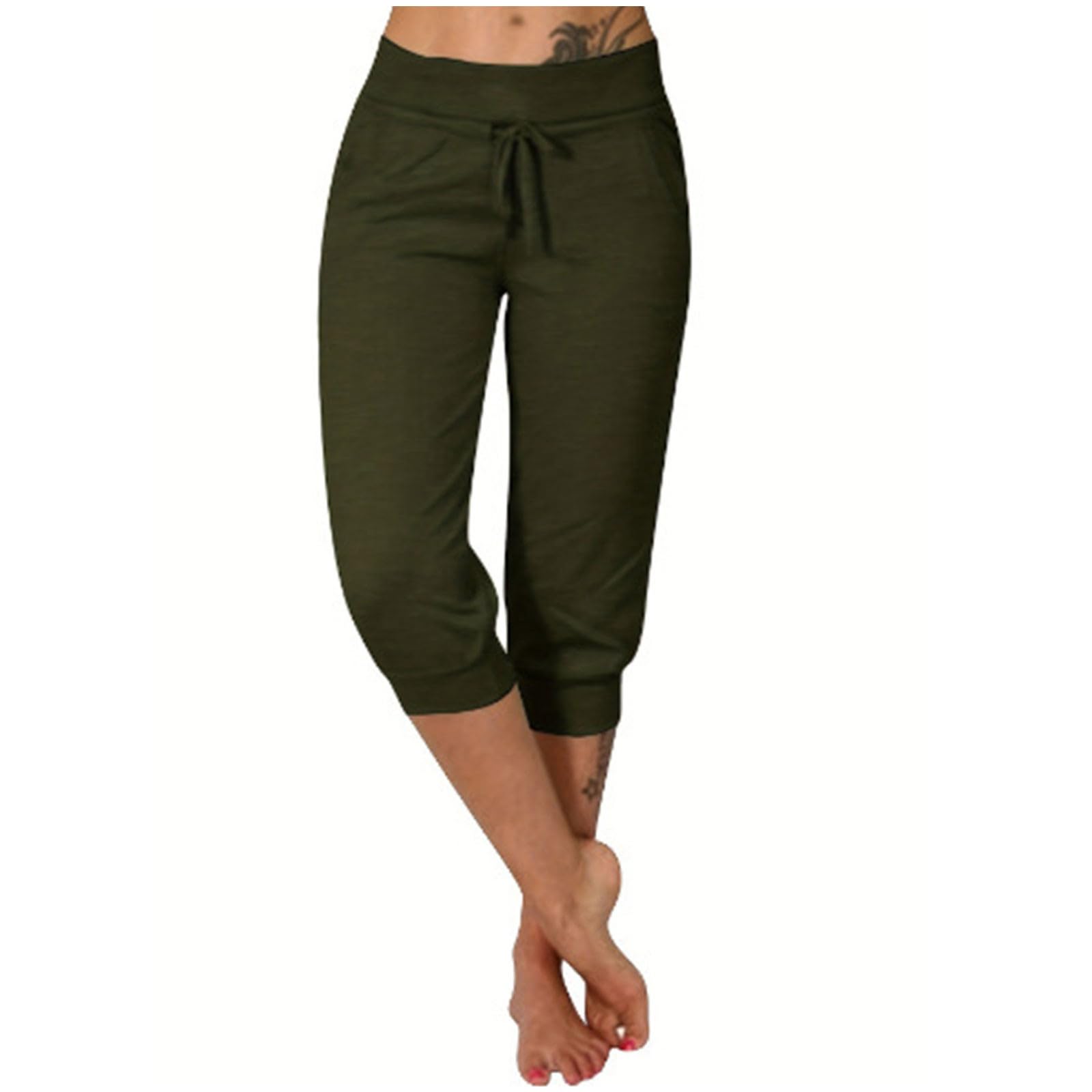 Capri Leggings for Women Drawstring Elastic Waist Pants Summer Casual Jogging Workout Athletic Slacks with Pockets(#01 Army Green,XX-Large)