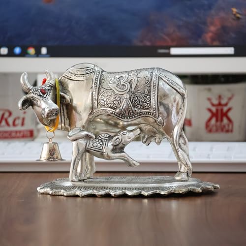 Image of KridayKraft Metal Om Kamdhenu Cow and Calf Metal Statue for Good Luck,Feng Shui As Table Top Figurine,Vastu,Religious Gau MATA Idol Home,Office&Table Decorative,Animal