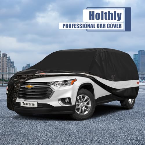 Image of Holhtly Car Cover Custom Fit for Chevrolet Traverse, Car Covers for Automobiles All Weather Waterproof Sun Snow Rain Wind Dust Protection, Outdoor Car Cover Black & Grey