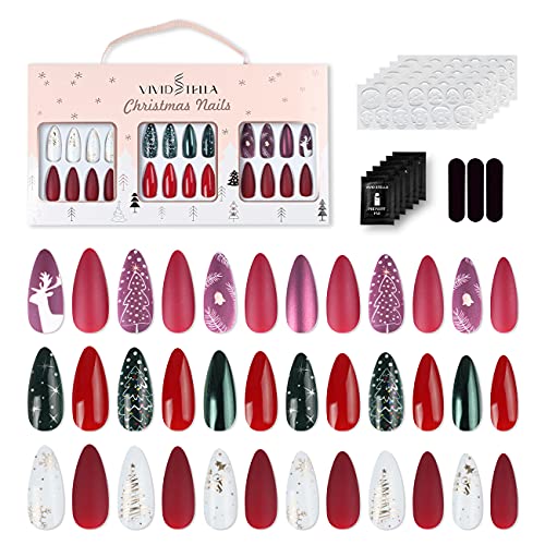 72Pcs Christmas Nails Almond Press on Santa Elks Glossy Stiletto False Nails X-mas Nail Tips Gift Box