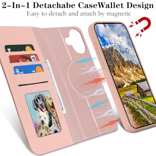 Image of Detachable Genuine Leather Case for iPhone 16 Wallet Case Magnetic 2in1 Removable Flip Cover Book Purse Compatible with Magsafe Charging Kickstand Card Holder-Pink