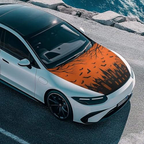 Image of Castle Bat Spider Web Print Car Hood Cover Stretchable Auto Hood Wrap Blankets Waterproof Automotive Halloween Outdoor Decorations for Compact Sedans SUV Trucks Van