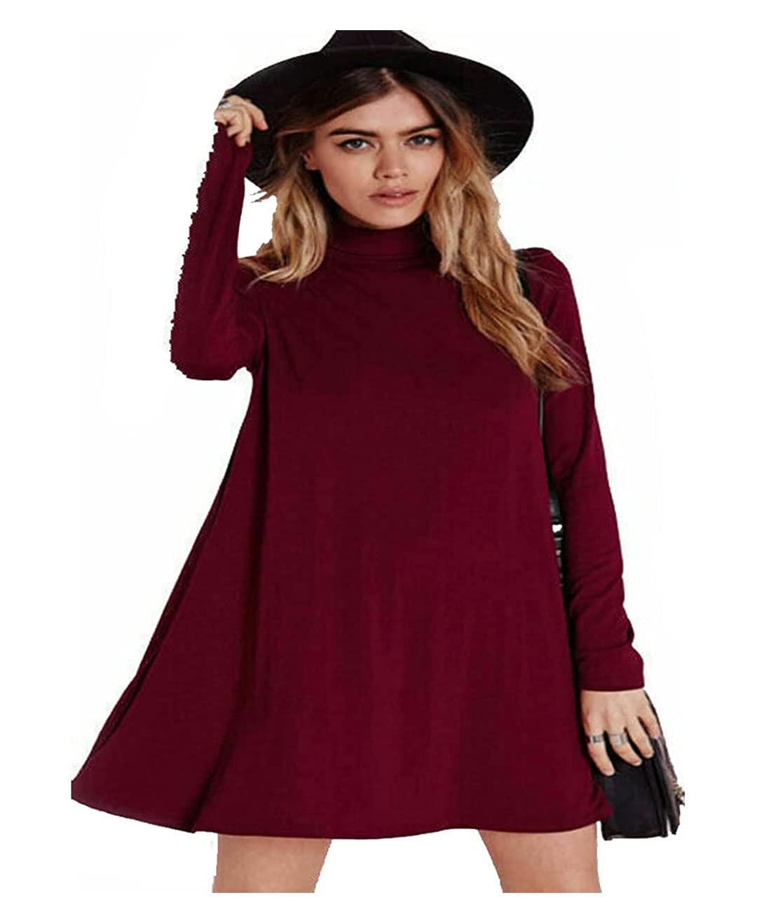 Biwtup Women's Wine Franki Flared Skater Dress Turtle Neck Polo High Mini Swing Dress (, Uk 16-18 Xl)