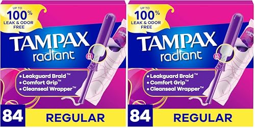 Image of Tampax Radiant Tampons for Women,with LeakGuard Braid,Regular Absorbency,Unscented,84 Count (Pack of 2)
