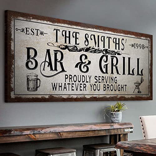 Tailored Canvases Custom Bar and Grill Sign - Canvas Wall Art Decor for Man Cave, Hideout, Kitchen, Pub, Diner and Restaurant - Rustic Bar & Grill Hook on Cloth with 1 Beer Mug and Griller, 20x10