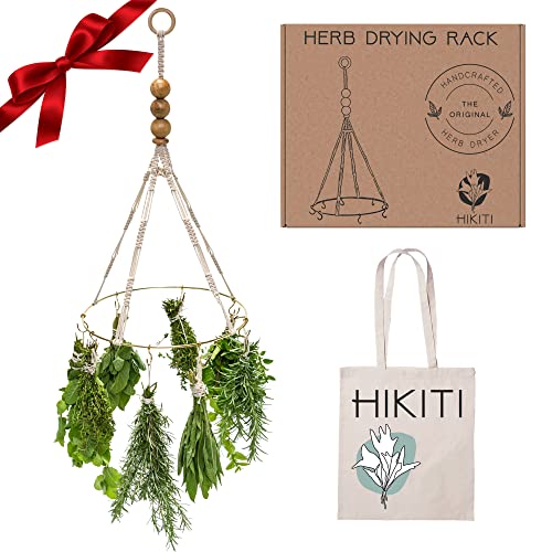 HIKITI Herb Drying Rack - Decorative Hanging Drying Rack for Herbs - Secured Herb Dryer Hooks - Handmade Macrame Boho Chic - Flower Drying - Herb Drying - Sustainable Kitchen Decor