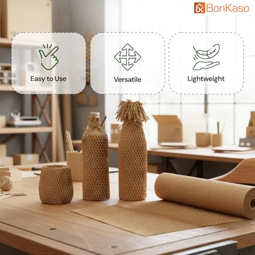 Image of BonKaso Honeycomb Paper Wrap Roll 100M x 12 Inch | 80 GSM Eco-Friendly Brown Packaging Roll | Cushioning & Shockproof Wrap for Fragile Items | Sustainable Packing Material for Shipping