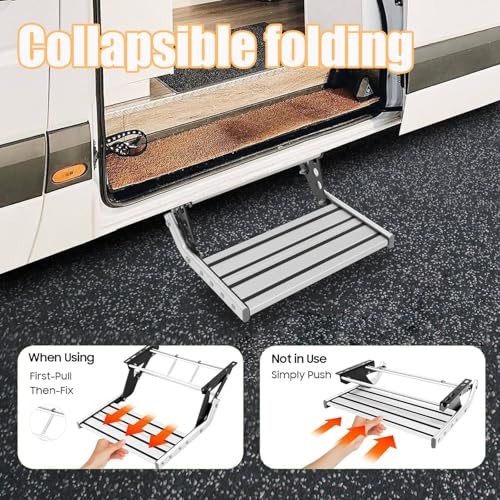 Kensbro Manuelle Wohnmobil Treppe, Alu Einzelschicht Wohnmobiltrittstufen mit Anti-Slip-Streifen, Wohnwagen Stufenbeschläge - Faltbar, Maximal Tragende 200 kg, für Wohnmobil Camper Van Reiseanhänger