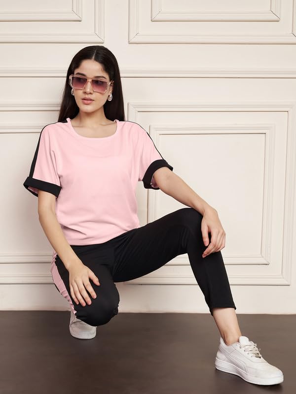 Image of DTR FASHION Polyester Blend Black Color Shoulder Stripes Tracksuit | Night Wear Suit For Women