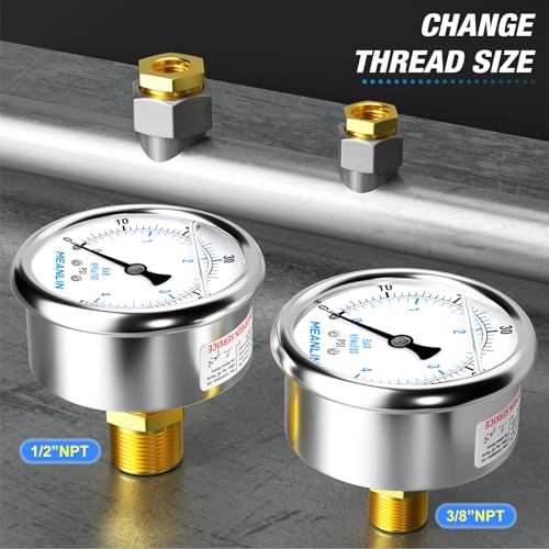 Image of MEANLIN MEASURE Stainless Steel 1 /4 inch NPT 2.5 inch FACE DIAL Liquid Filled Pressure Gauge WOG Water Oil Gas Center Back Mount(0~60Psi)