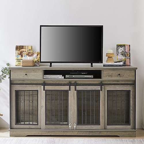 Ichbingo Large Dog Crate Furniture With Sliding Barn Door, 66" Wooden Dog Kennel Indoor Dog Crate With Drawer And Divider, Tv Stand Xxl Dog Crate For Large Dog Or 2 Medium Dogs #TOP1