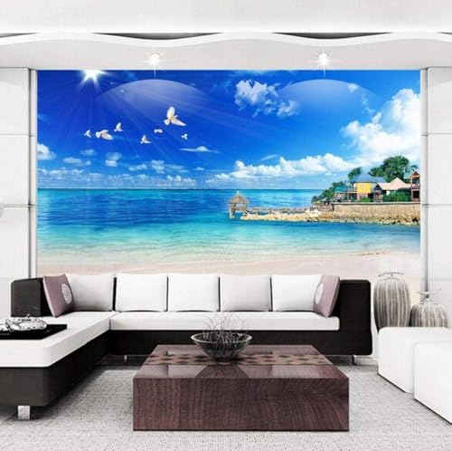 Tzxztt Casa Playa Mar Azul Pájaros Moderno Papel Pintado 3D Seda Texturizada Primera Calidad Neutros Material Ideal Para SalóN Dormitorio-300cm×210cm