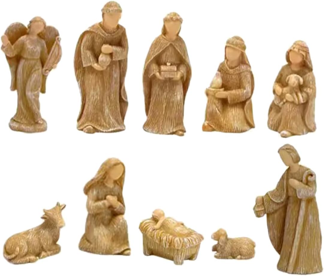 10pcs Resin Nativity Figures Set Small Birth of Jesus Sculptures Christmas Tabletop Decorations Household Nativity Scene Ornaments for Holiday Home Display