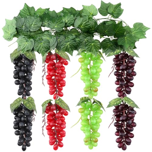 Ginojex 8 Bunches Artificial Grapes Fake Fruit with 2 Strands Grape Vines Hanging Plant Leaves Wine Rack Wedding Garden Home Party Decorative