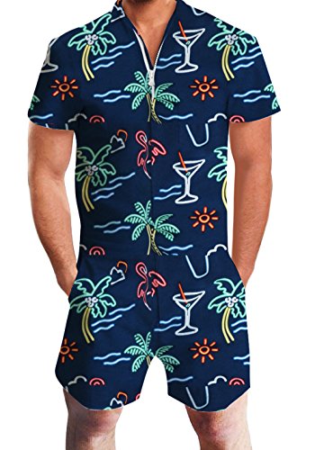 UNIFACO Men Tropical Zip Jumpsuit Short Sleeve Casual Shorts Romper XL