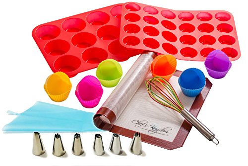 Up To 60% OFF Riki's Kingdom Silicone Cupcake/Muffin Bakeware Set, 23-Piece, Mat/12-Cup Pan/24-Cup Pan/12 Single Cups/Whisk, Decorating Supplies Kit with 6 Icing Tips, Pastry Bag/Non-Toxic/Dishwasher/Oven Safe