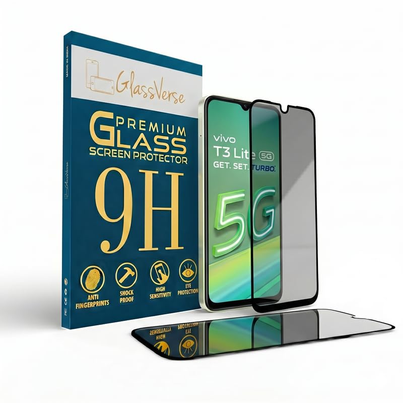 Image of GlassVerse Privacy Tempered Glass for Vivo T3 Lite 5G | Anti Spy Screen Protector, 9H Hardness, Edge to Edge, Case Friendly, Hassle-less Installation Kit Included. (Pack of 2)