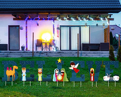 Vicenpal 7 Pcs Believe Christmas Yard Stake, Outdoor Nativity Scene Christmas Holy Nativity Yard Sign Religious Decorations Believe Letter Sign For Xmas Holiday Winter Outdoor Lawn Garden Decor #TOP6