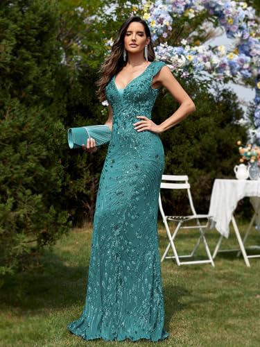 Image of Womens Sequined Long Evening Gown Glamous Sleeveless V-Neck Mermaid Prom Dress for Wedding Party Club Occasions