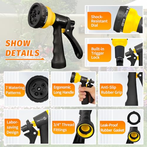 Image of AUTOMAN-Garden-Hose-Nozzle, 2 Pack ABS Water Spray Nozzle with Heavy Duty 7 Adjustable Watering Patterns,Slip Resistant for Watering Plants,Lawn& Garden,Washing Cars,Cleaning,Showering Pets - Yellow