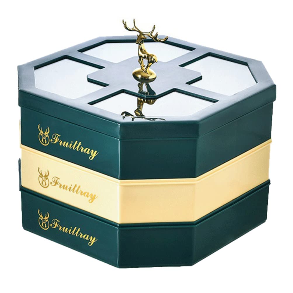 KASTWAVE 3 Tier Fruit Nut Tray: Snack Serving Box with Lid Fawn Pattern Compartment Snack Platter Separate Dried Nut Food Containers