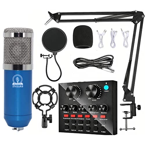 Image of ZHIZUKA Condenser Microphone Set V8 Sound Card Mixer Amplifier Voice Changer Audio Interface | Singing Smule Live Streaming Podcast Broadcasting (3.5mm Mic + Sound Card, Blue)