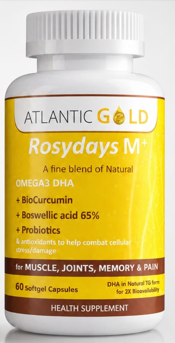 Atlantic Gold Rosydays M+ Natural Omega 3 DHA Supplement with BioCurcumin, Boswellic Acid 65% & Probiotics - Supports Muscle, Joints, Memory & Pain Relief - Natural TG Form - 60 Softgel Capsules-image-32