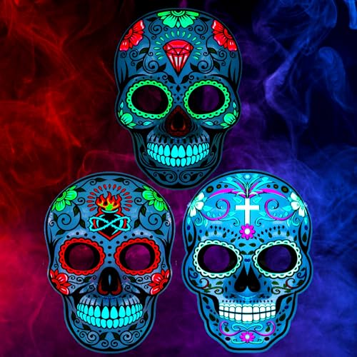 Simgoing 3 Pcs LED Day of the Dead Mask for Woman, Dia De Los Muertos Light up Skull Masks with Adjustable Headband Day of the Dead Halloween Mexican Cosplay Party Costume