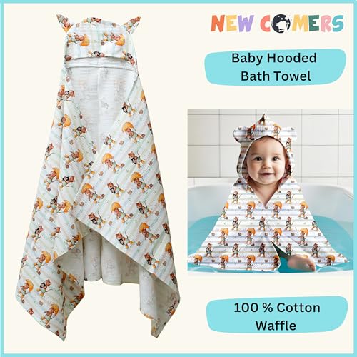 Image of NEW COMERS 100% Pure Cotton Waffle Hooded Wrapper - Baby Towel for New Born | Big Size 50cm x 26cm | Soft, Safe & Skin-Friendly | Perfect for Newborns 0-5 Years | Breathble Absorbant (Multicolor 2)