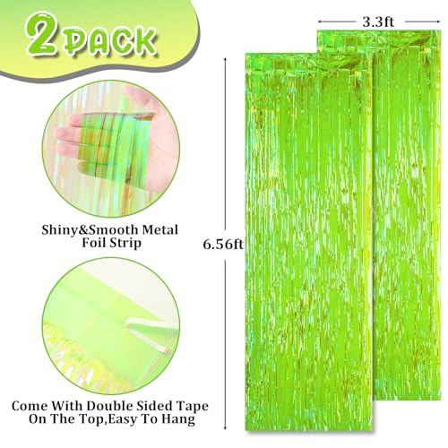 Image of Voircoloria 2 Pack Green Iridescent Tinsel Foil Fringe Curtains, Neon Party Decorations, Metallic Tinsel Party Streamers Backdrop for Birthday Baby Shower Halloween Wedding Party Decorations