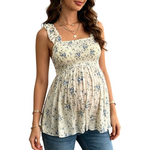 BELOWSYALER Chaleco de maternidad de cuello con bonito patrón floral, ligero de poliéster, camiseta sin mangas de maternidad, perfecta para el día caluroso, moda elegante, blanco, XL
